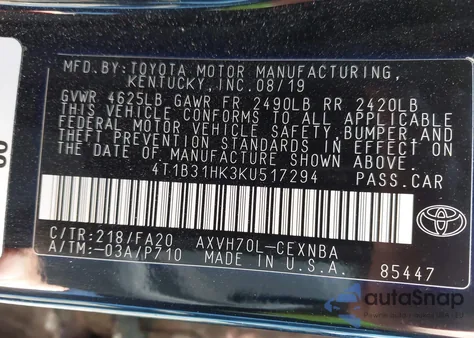 2019 Toyota Camry Hybrid Le from USA, damaged, VIN 4T1B31HK3KU517294